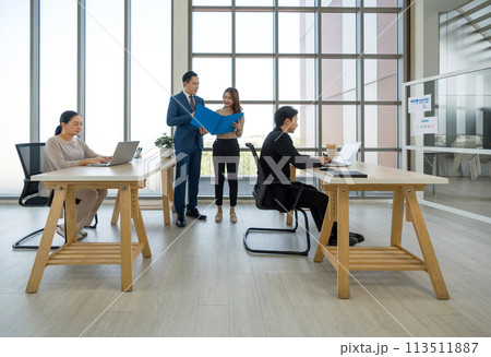 Group of business professional are working in a bright office with large window, table, laptop, and plant. Group of business professional are working in a bright office with large window, table, laptop, and plant. 113511887