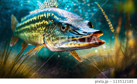 Close-up of a Beautiful Pike Fish Underwater - Generative Ai 113512185
