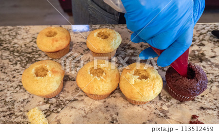 In the process of crafting delightful cactus cupcakes, the freshly baked vanilla and chocolate cupcakes are generously filled with tangy lemon and sweet raspberry filling, enhancing the flavors and 113512459