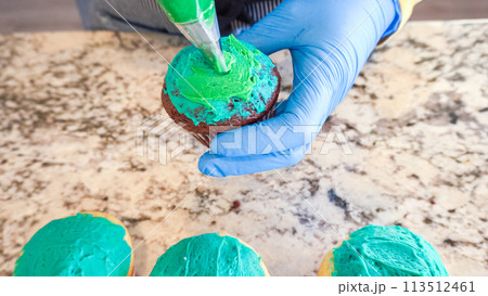 Using buttercream frosting, vanilla and chocolate cupcakes are intricately decorated to resemble various types of cactuses, creating a delightful and visually engaging dessert that showcases Using buttercream frosting, vanilla and chocolate cupcakes are intricately decorated to resemble various types of cactuses, creating a delightful and visually engaging dessert that showcases 113512461