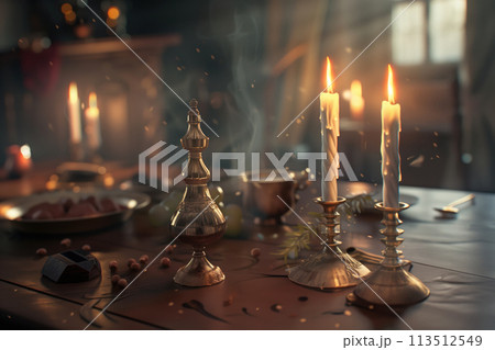 Candles on kitchen table for Jewish Sabbath ritual AI Generative 113512549
