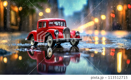 Red Toy Car in a City Street Flooded by Rain - Generative Ai 113512715