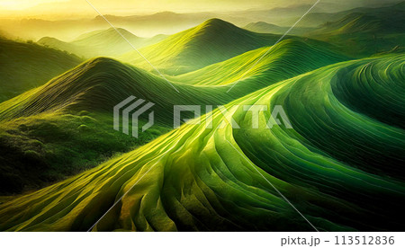 Abstract Green Landscape With Hills and Mountains - Generative Ai 113512836