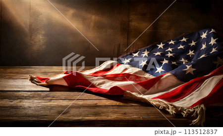 American Flag on an Old Wooden Table With Copy Space - Generative Ai 113512837