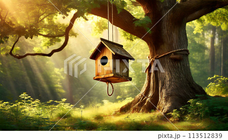 Close-up of a Wooden Birdhouse in the Green Forest - Generative Ai 113512839