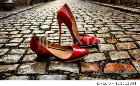 Closeup of Red High-heeled Shoes Abandoned on a City Street - Generative Ai 113512841