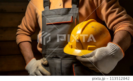 Construction Worker Holding His Orange Safety Helmet - Generative Ai 113512842
