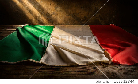 Italian Flag on an Old Wooden Table With Copy Space - Generative Ai 113512844