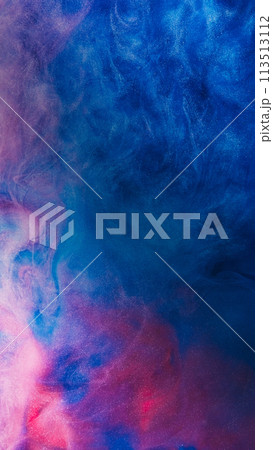 Glitter smoke texture. Paint water. Vapor cloud. Pink blue color shimmering particles floating ink splash creative abstract art background. 113513112