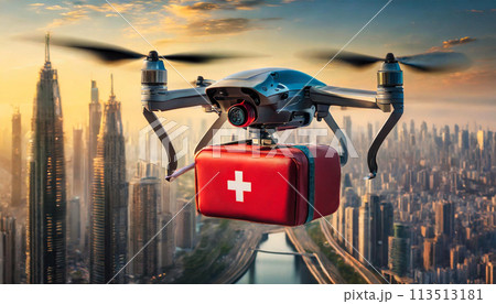 Drone with a Red First Aid Kit Flying Over a City - Generative Ai Drone with a Red First Aid Kit Flying Over a City - Generative Ai 113513181
