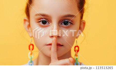 Kid secret. Hush child. Keep quiet. Closeup of worried serious little girl with fake glitter freckles in colorful earrings finger near mouth isolated on yellow background. 113513265