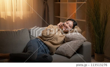 Phone call. Evening rest. Mobile connection. Relaxed smiling woman enjoying pleasant conversation lying couch in room interior. 113513276