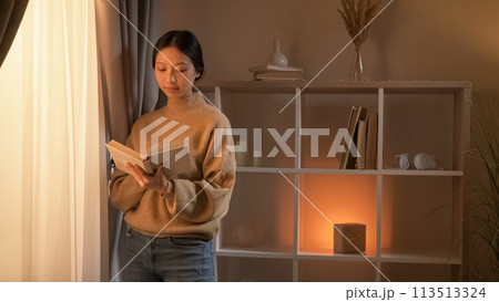Book lover. Curious woman. Home leisure. Smart female enjoying reading posing near window in light room interior. 113513324
