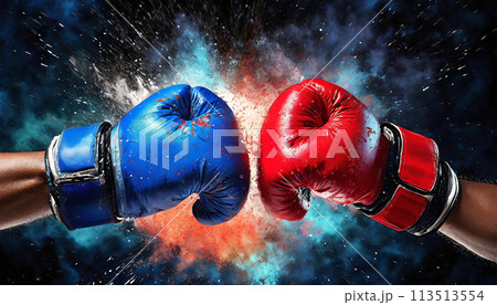 Moment of Impact Between the Red and Blue Boxing Gloves - Generative Ai Moment of Impact Between the Red and Blue Boxing Gloves - Generative Ai 113513554