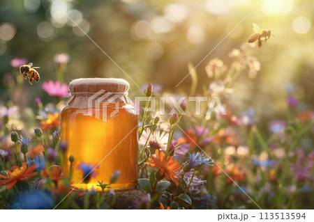 A jar of honey in a blooming meadow full of bees at sunset. Natural organic honey. Beekeeping concept 113513594
