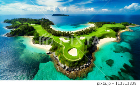 Aerial View of a Beautiful Golf Course on the Sea Coast - Generative Ai 113513839