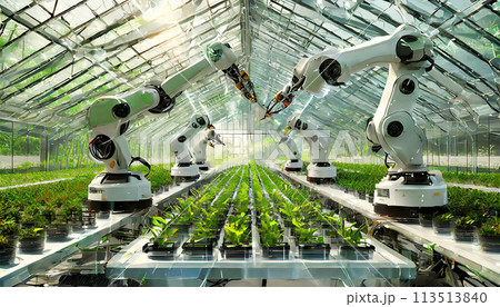 Automated Industrial Robotic Arms Picking up Plants in a Greenhouse - Generative Ai 113513840