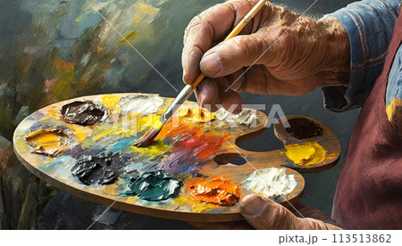 Wrinkled Hands of a Painter Using Color Palette and a Paintbrush - Generative Ai 113513862