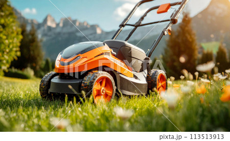 Orange and Black Lawn Mower on Green Grass in Mountain - Generative Ai 113513913