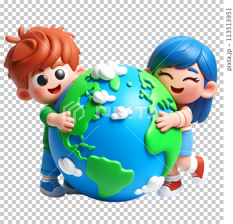 Earth day concept with people hugging the earth in 3D cartoon for environment and climate change awareness  113513951