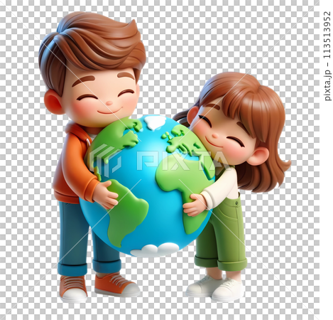 Earth day concept with people hugging the earth in 3D cartoon for environment and climate change awareness  113513952
