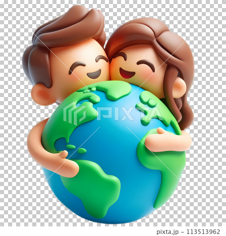 Earth day concept with people hugging the earth in 3D cartoon for environment and climate change awareness  113513962