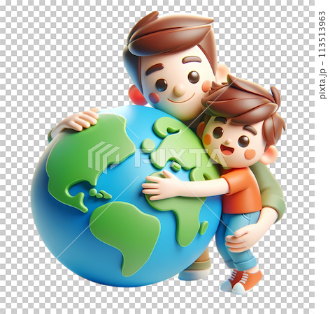 Earth day concept with people hugging the earth in 3D cartoon for environment and climate change awareness  113513963