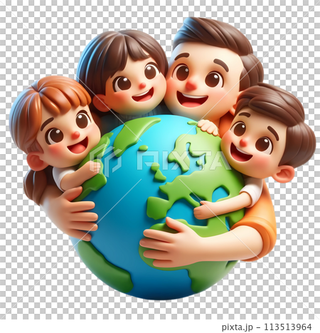Earth day concept with people hugging the earth in 3D cartoon for environment and climate change awareness  113513964