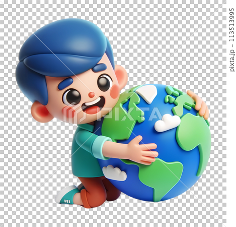 Earth day concept with people hugging the earth in 3D cartoon for environment and climate change awareness  113513995