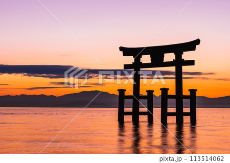 秋の琵琶湖　朝焼けの白髭神社 113514062