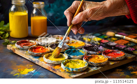 Wrinkled Hands of a Painter Using Color Palette and a Paintbrush - Generative Ai 113514125