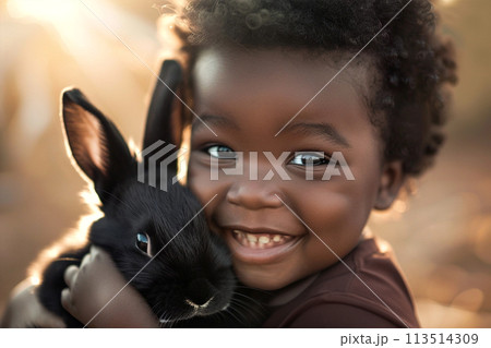 Closeup of happy african toddler hugging black bunny 113514309
