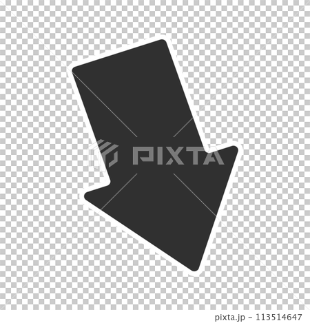 一個簡單的黑色箭頭對角線向下，帶有白色邊框-向下、向下、降價的圖像材料 113514647