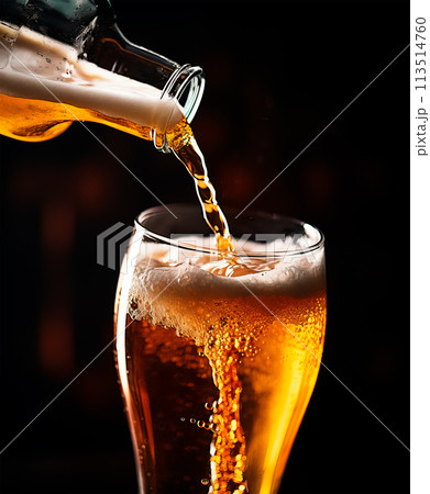 Close up of pouring beer, blurred bar background, AI generated 113514760
