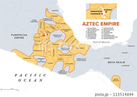 Aztec Empire with tributary provinces, maximum extent of Triple Alliance, history map. Tenochtitlan, Tetzcoco and Tlacopan at the time of Spanish conquest, 1519. With today state and country borders. 113514894