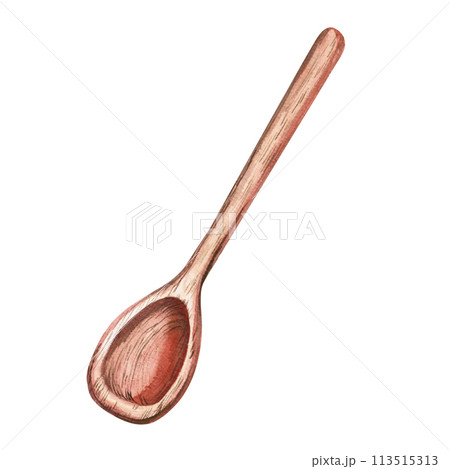 Wooden spoon in watercolor illustration isolated on white background. Hand drawn wooden spoon for cookbooks, dessert recipes and rustic organic food, menu illustration 113515313