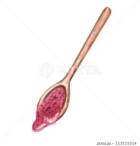 Wooden spoon with homemade berry confiture in watercolor illustration isolated on a white background. Hand drawn wooden spoon for cookbooks, dessert recipes and rustic organic food, menu illustration 113515314