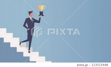 Businessman standing on the stairs and holding the trophy in his hand. Businessman standing on the stairs and holding the trophy in his hand. 113515446