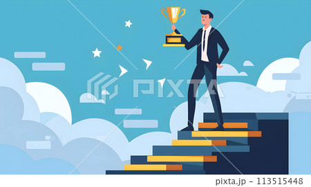 Businessman standing on the stairs and holding the trophy in his hand. Businessman standing on the stairs and holding the trophy in his hand. 113515448