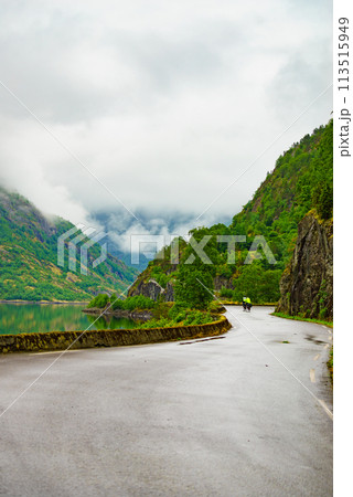 Old road along fjord Eidfjorden, Norway 113515949