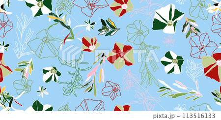 Floral seamless pattern vector. Convolvulus cneorum vector illustration. Blooming twig of convolvulus. Illustration isolated on blue background. Floral seamless pattern vector. Convolvulus cneorum vector illustration. Blooming twig of convolvulus. Illustration isolated on blue background. 113516133