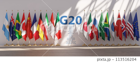 G20 summit or meeting concept. Row from flags of all members of G20 Group of Twenty and list of countries. 113516204