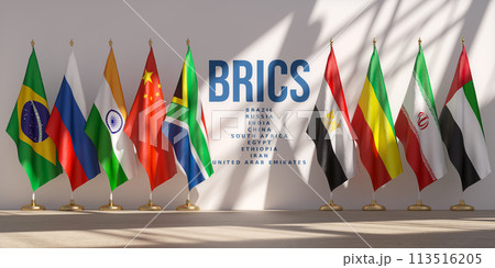 BRICS summit or meeting concept. Row from flags of all members of BRICS list of countries. BRICS summit or meeting concept. Row from flags of all members of BRICS list of countries. 113516205