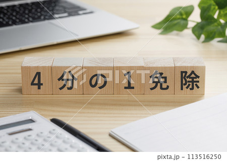 4分の1免除と書かれた積み木のブロック 113516250