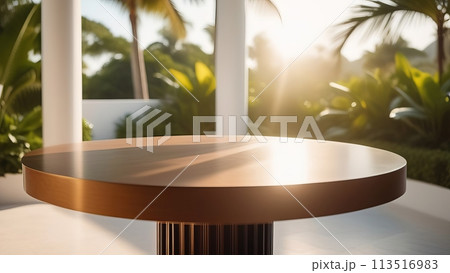 Round wooden table in warm sunlight, tropical backdrop. 113516983
