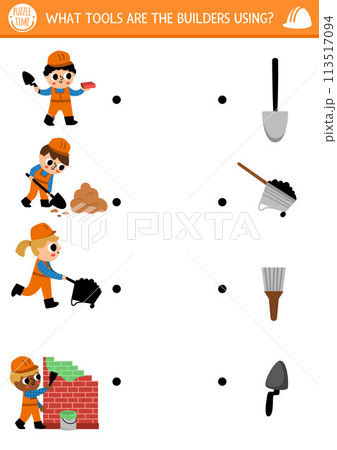 Construction site shadow matching activity with builders and tools. Building works puzzle. Match the silhouette game, printable worksheet. Repair service match up page with brush, wheelbarrow 113517094