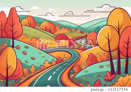 A captivating illustration showcasing a serpentine road meandering through an autumnal paradise A captivating illustration showcasing a serpentine road meandering through an autumnal paradise 113517374