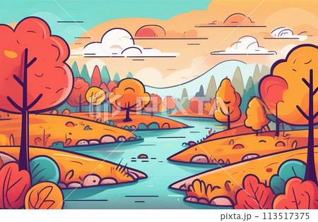 Vibrant autumn scenery illustration with rolling hills, a flowing river 113517375