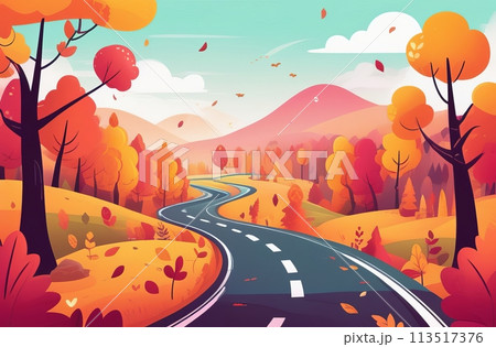A winding road cuts through a stylized landscape flush with the warm hues of fall foliage 113517376