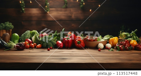 Fresh vegetables in store department on wooden table top. Background for design your products. Mock up. Space for your design. 113517448